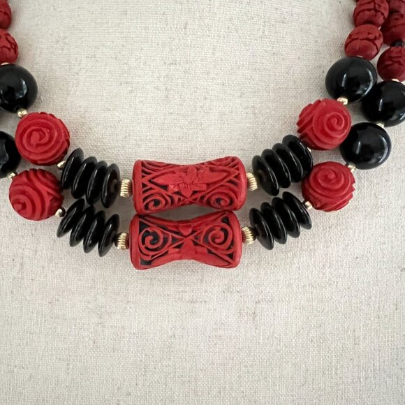 Vintage Chinese Black Red Cinnabar Bead Double Strand Necklace Sterling Clasp - Picture 4 of 8